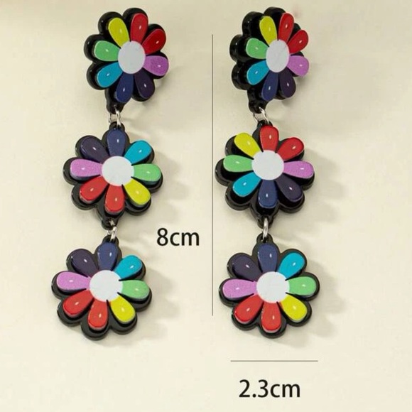 Retro, Geo Multi Colors Flower Power Drop Boho, Hippie, 80’s Fun Earrings - Picture 3 of 6